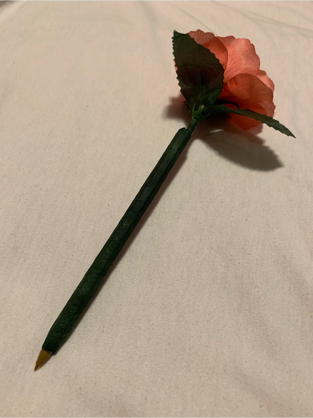 Fabric Rose Ballpoint Pen in Orange with Green Stem